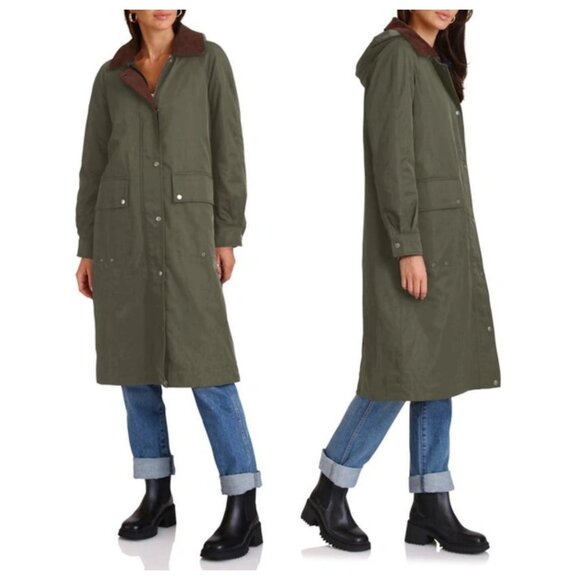 AVEC LES FILLES Twill Utility Raincoat With Quilted Lining In Fern - Picture 2 of 3